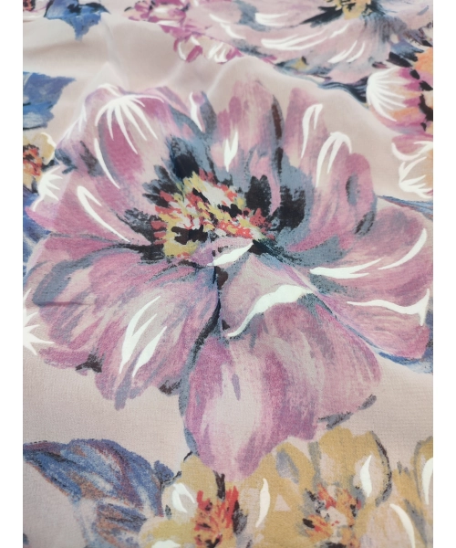 Przezroczysta tkanina szyfon na sukienki - pastelowe kwiaty piwonii